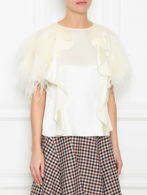 Шелковая блуза с воланами и аппликациями из перьев Alberta Ferretti - МодельВерхНиз