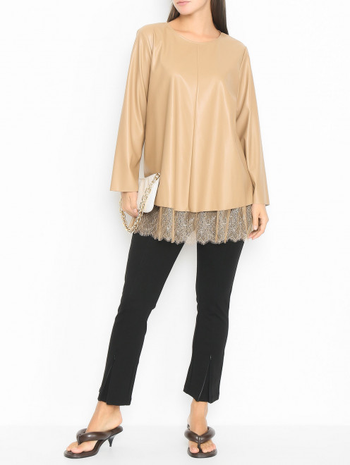 Блуза из эко-кожи с кружевной отделкой Marina Rinaldi - МодельОбщийВид